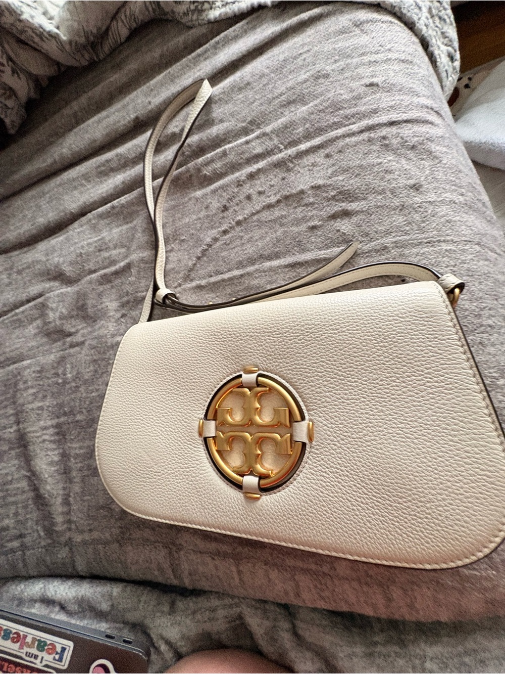 Tory Burch Cream Leather Crossbody with Gold Logo Hardware